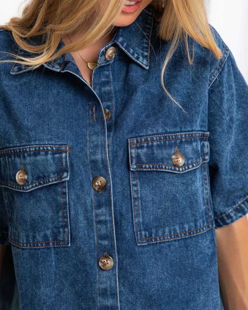 Denim Shirt and Shorts Two Piece Set - Light-Blue - 3
