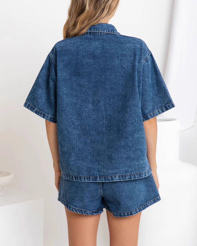 Denim Shirt and Shorts Two Piece Set - Light-Blue - 4