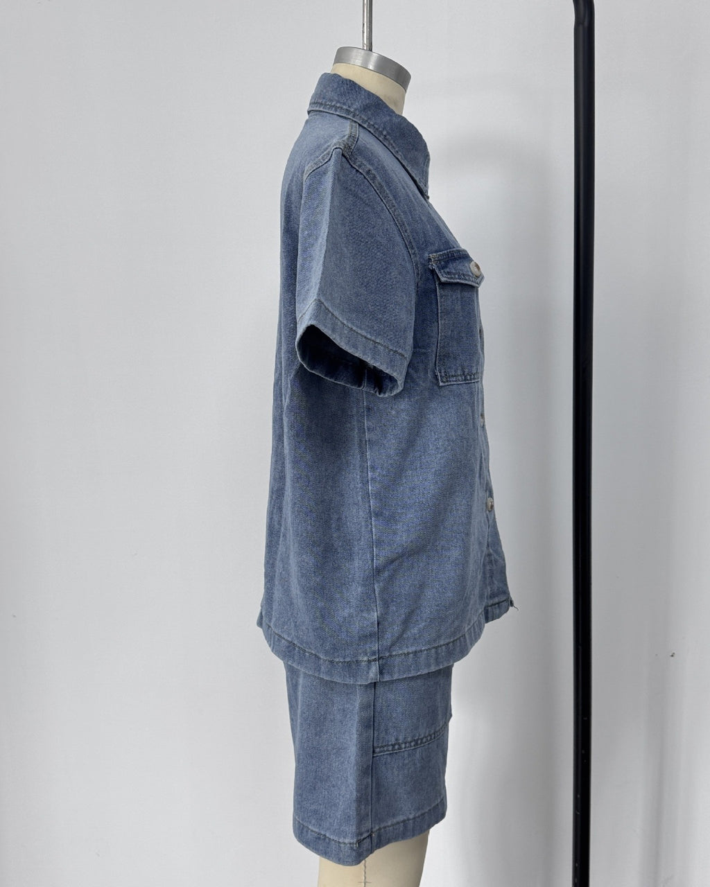 Denim Shirt and Shorts Two Piece Set - Light-Blue - 5