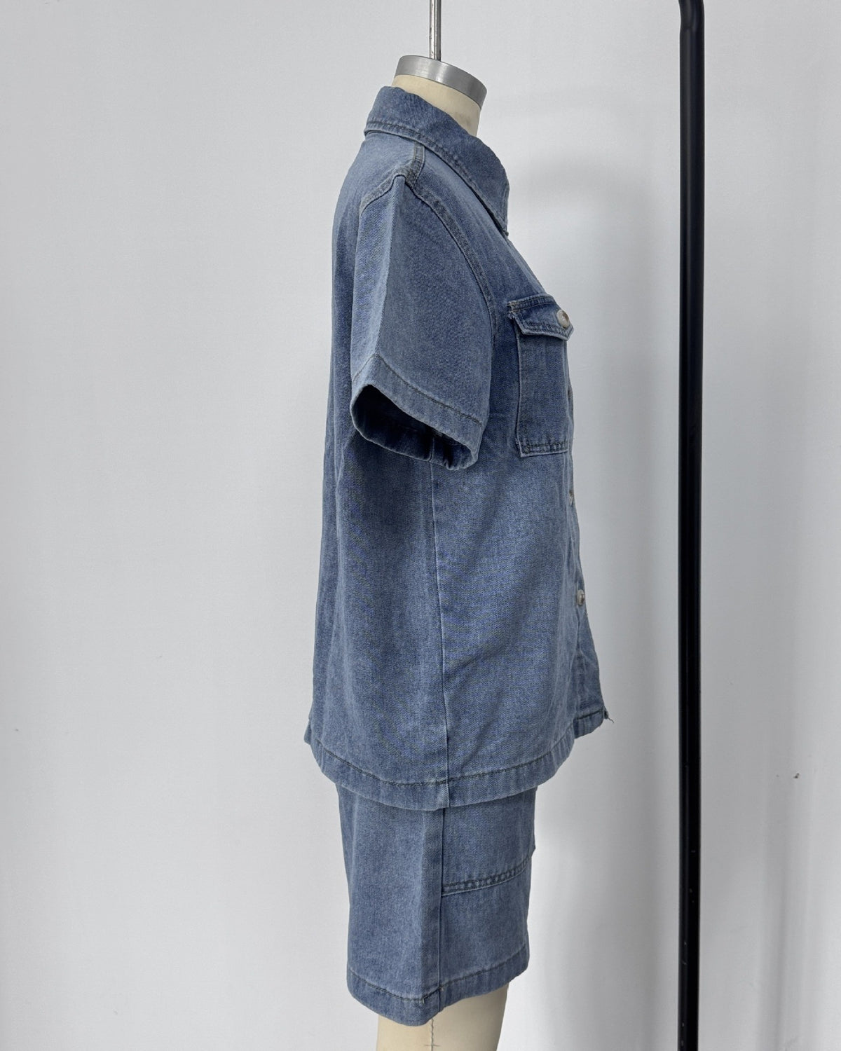 Denim Shirt and Shorts Two Piece Set - Light-Blue - 5