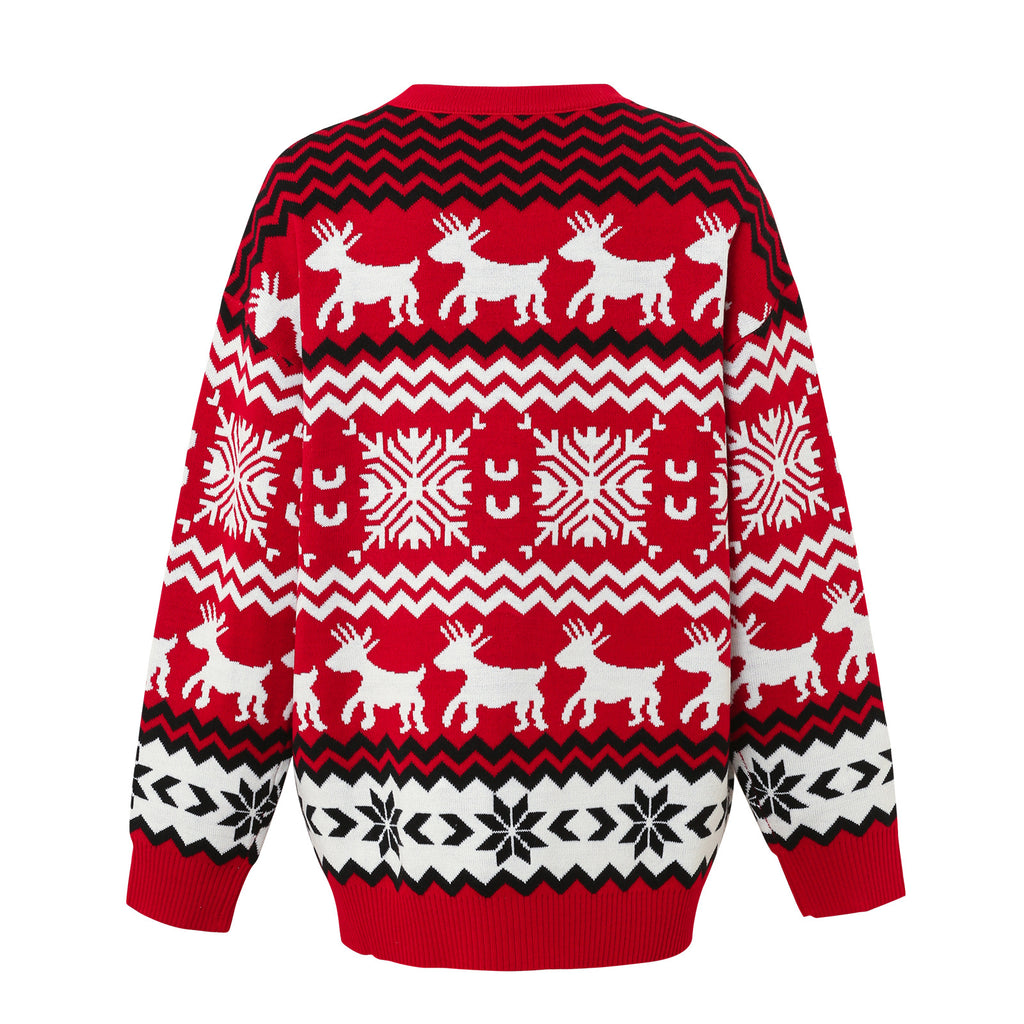 Reindeer Snowflake Nordic Knit Sweater - Red - 1