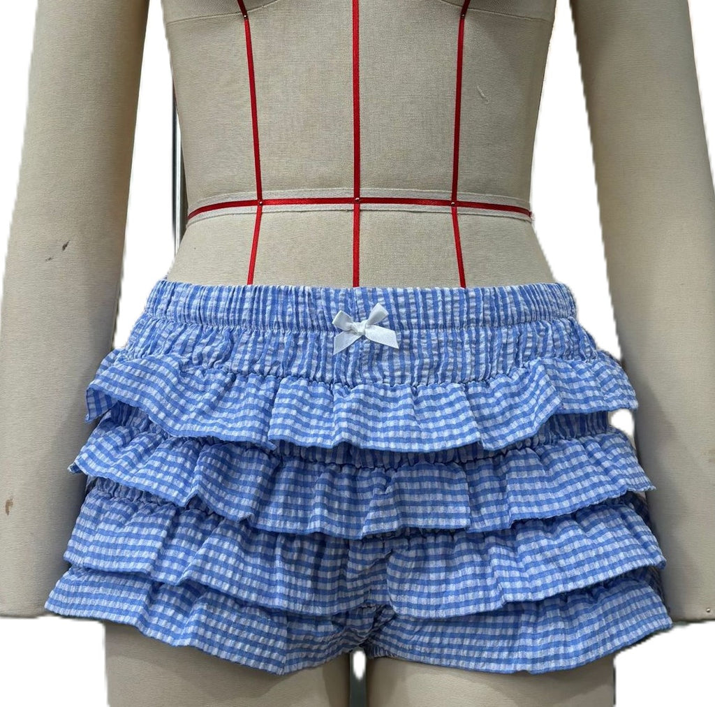 Gingham Check Tiered Ruffle Bloomer Shorts - Blue
