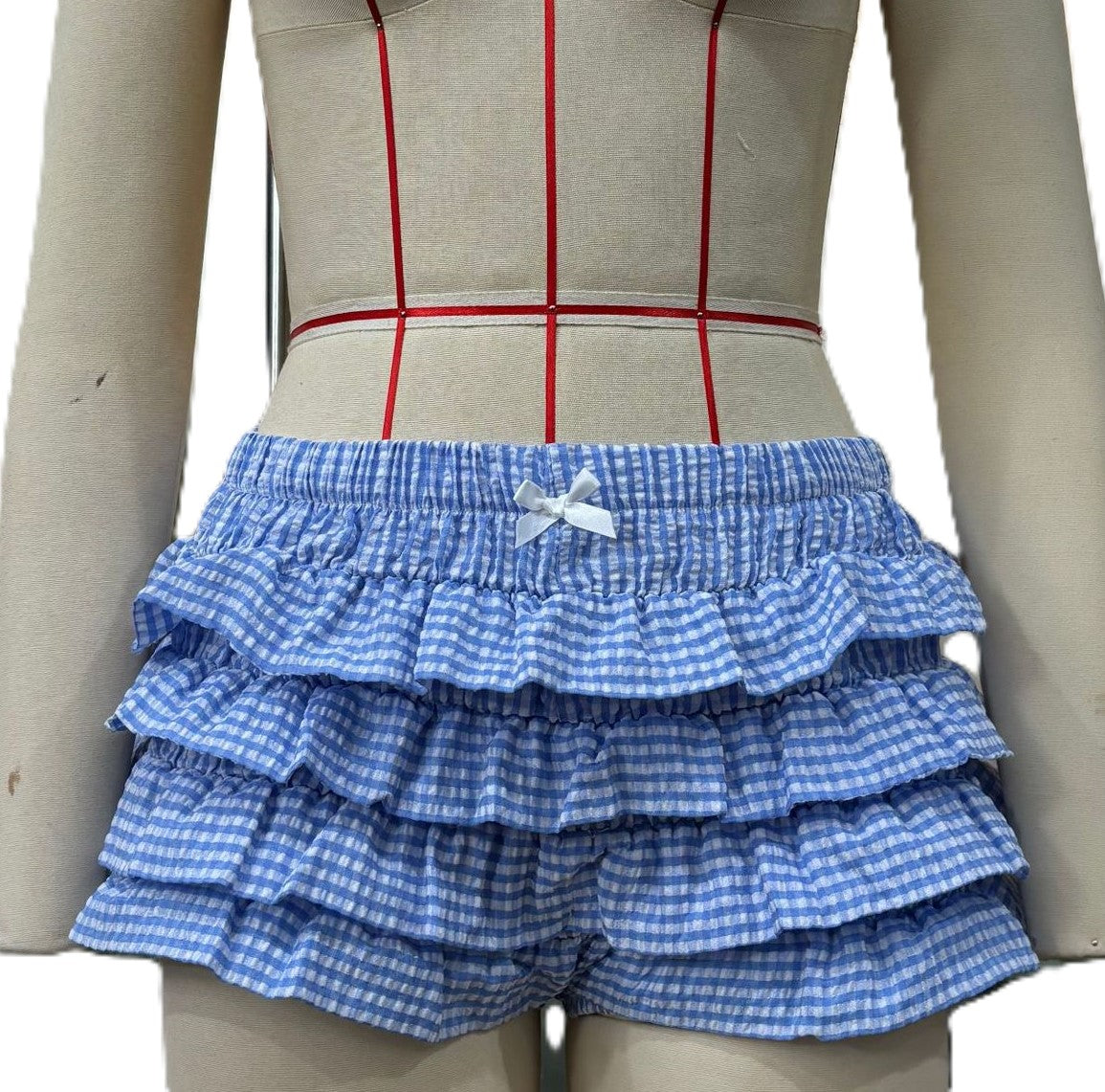 Gingham Check Tiered Ruffle Bloomer Shorts - Blue