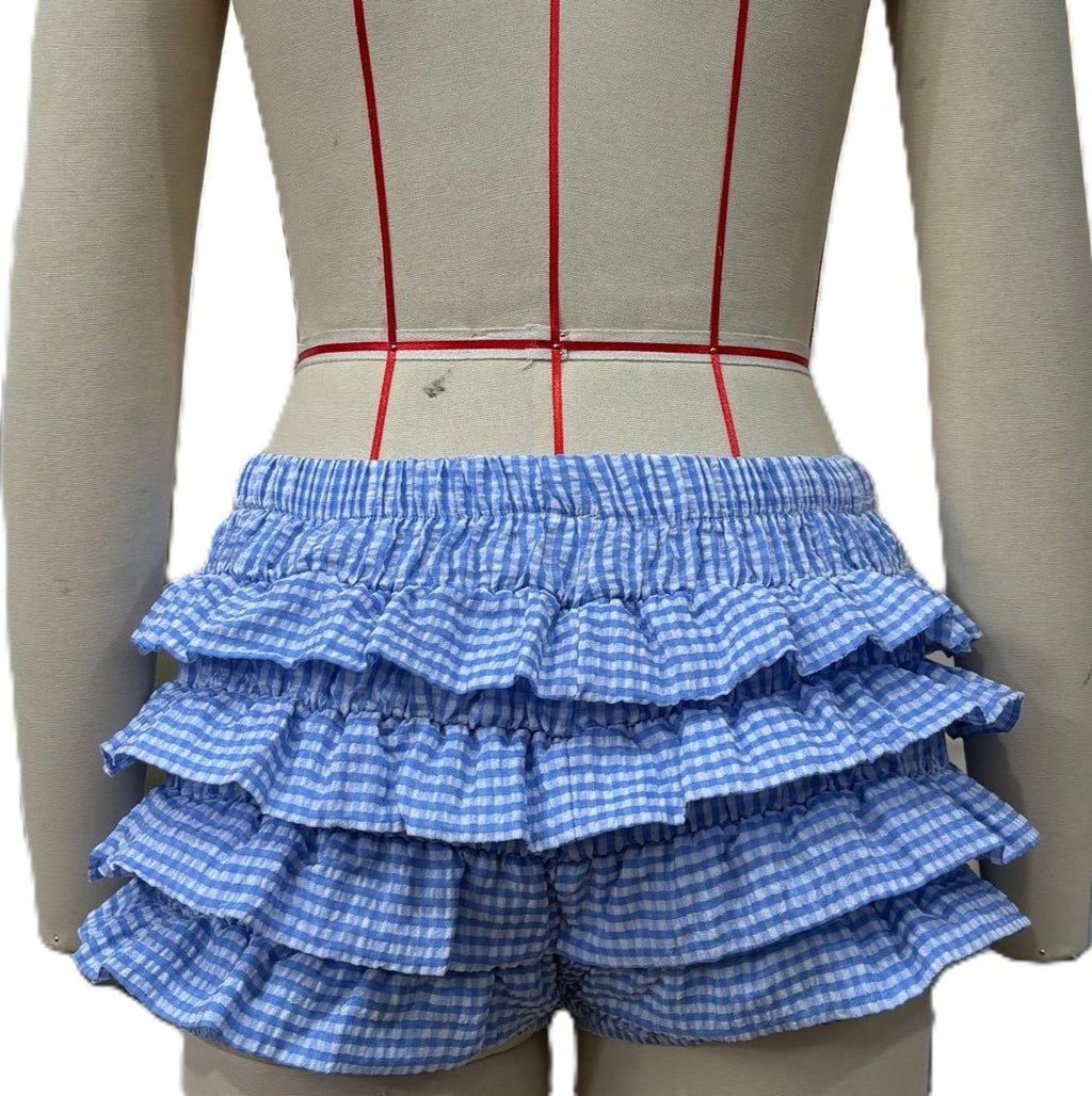 Gingham Check Tiered Ruffle Bloomer Shorts - Blue - 1