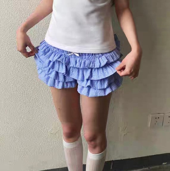 Gingham Check Tiered Ruffle Bloomer Shorts - Blue - 2