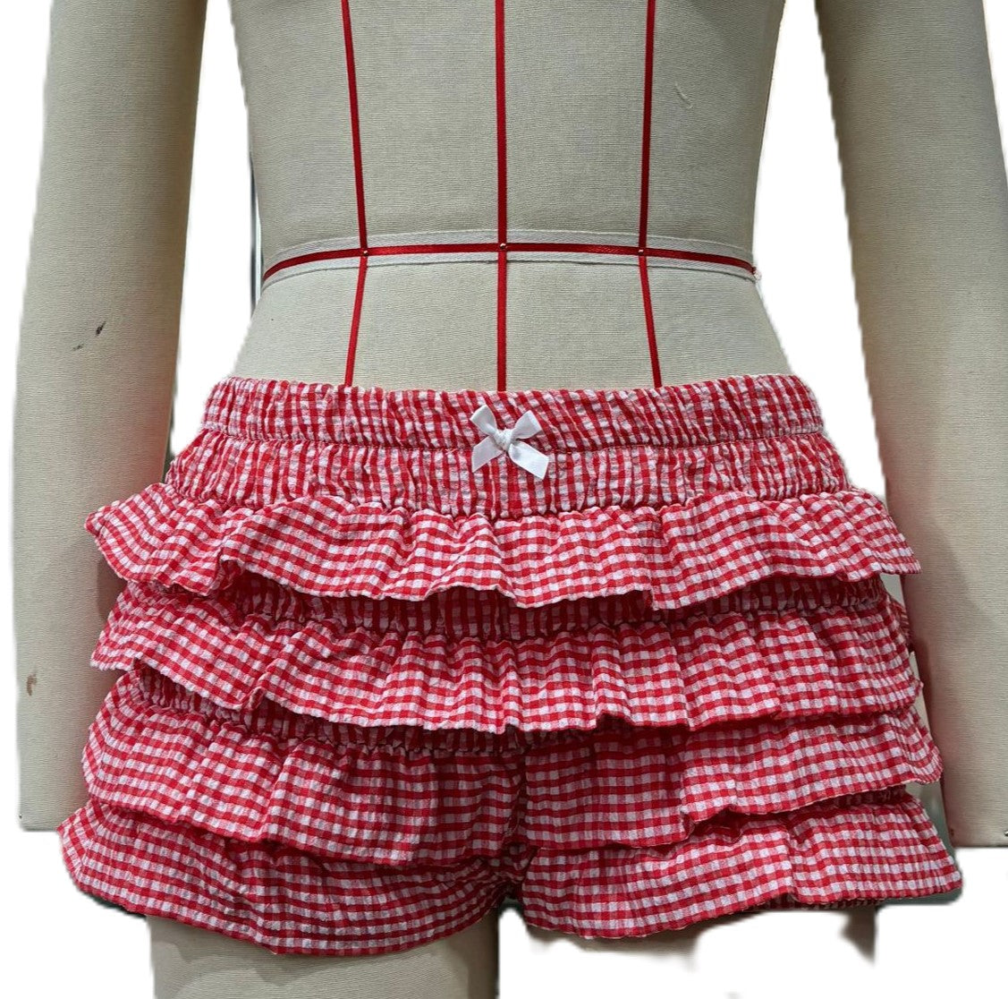 Gingham Check Tiered Ruffle Bloomer Shorts - Red