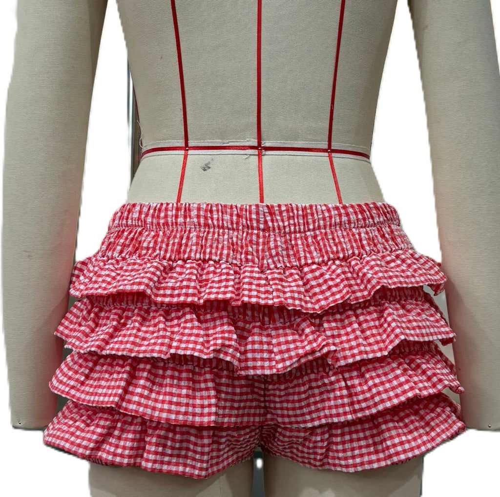 Gingham Check Tiered Ruffle Bloomer Shorts - Red - 1