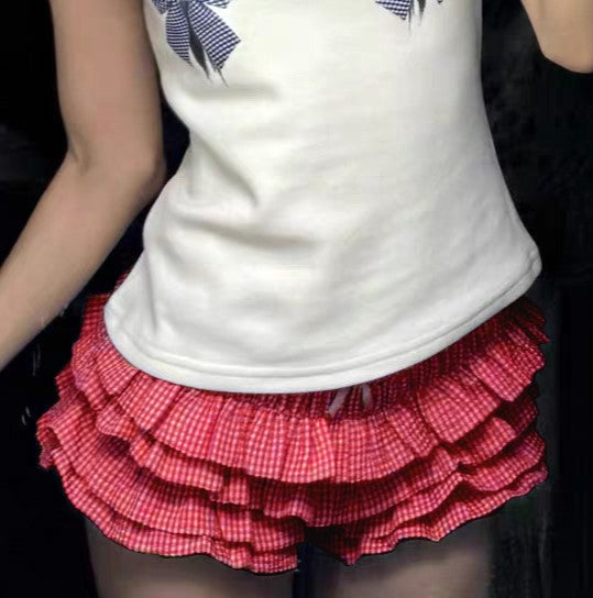 Gingham Check Tiered Ruffle Bloomer Shorts - Red - 2