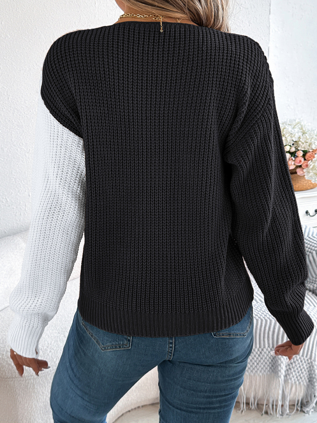 Two-Tone Button Trim V-Neck Sweater - Black - 1