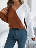 Two-Tone Button Trim V-Neck Sweater - Caramel