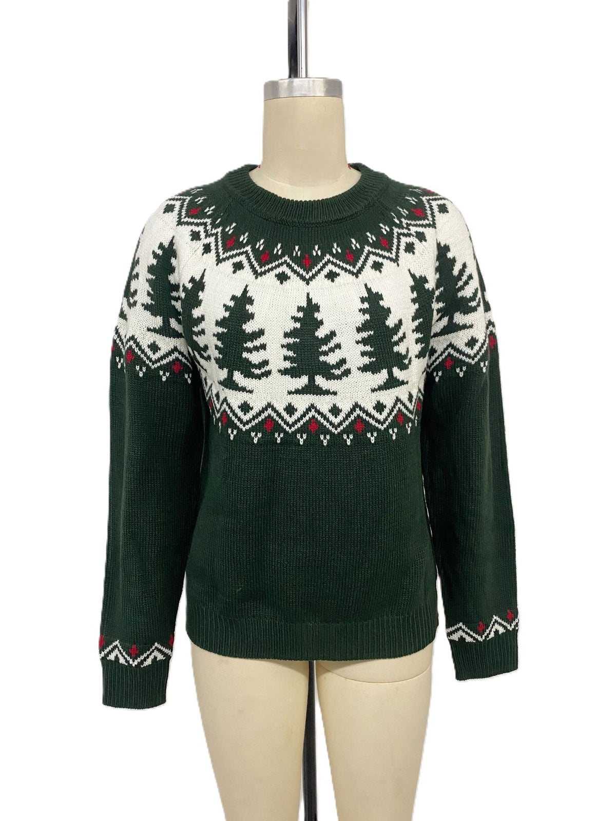 Dark Green Fair Isle Christmas Tree Knit Sweater - Dark_Green - 1