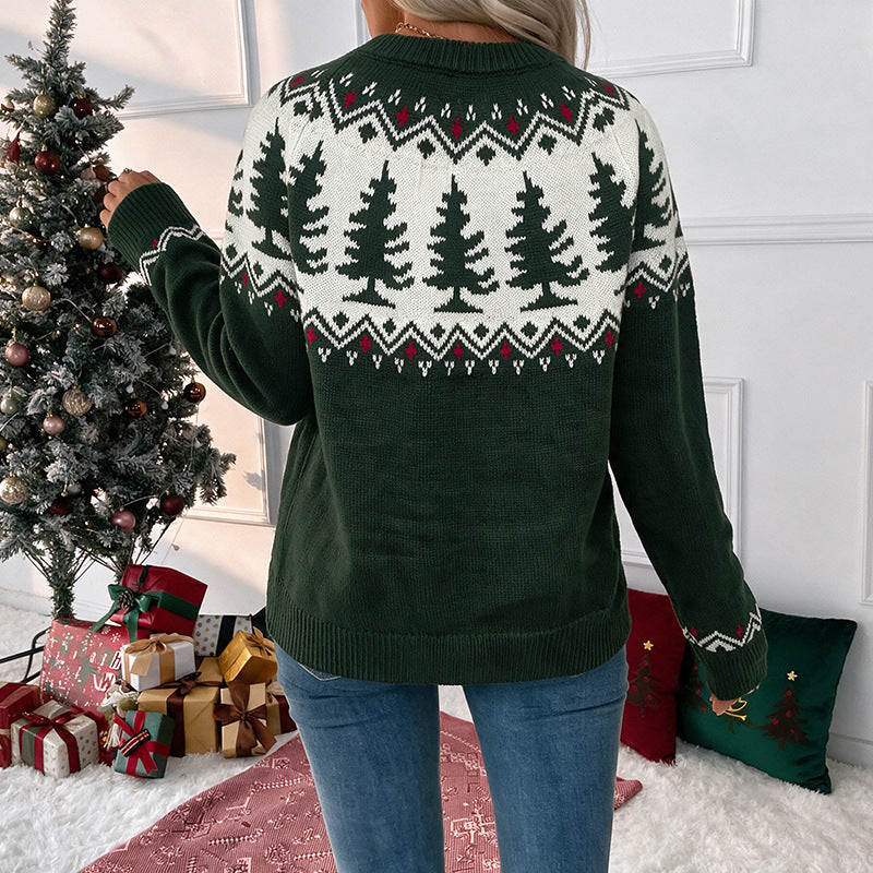 Dark Green Fair Isle Christmas Tree Knit Sweater - Dark_Green - 2