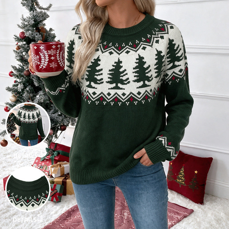 Dark Green Fair Isle Christmas Tree Knit Sweater - Dark_Green - 4