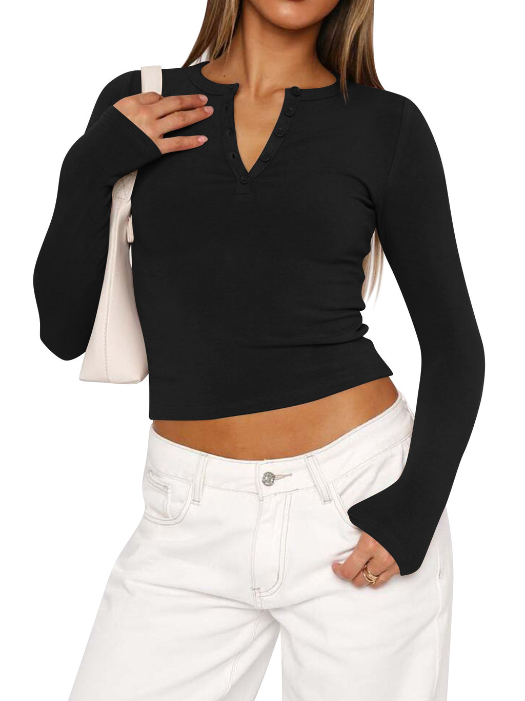 Ribbed Notch Neck Fitted Long Sleeve Tee - Black