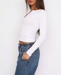 Ribbed Notch Neck Fitted Long Sleeve Tee - White