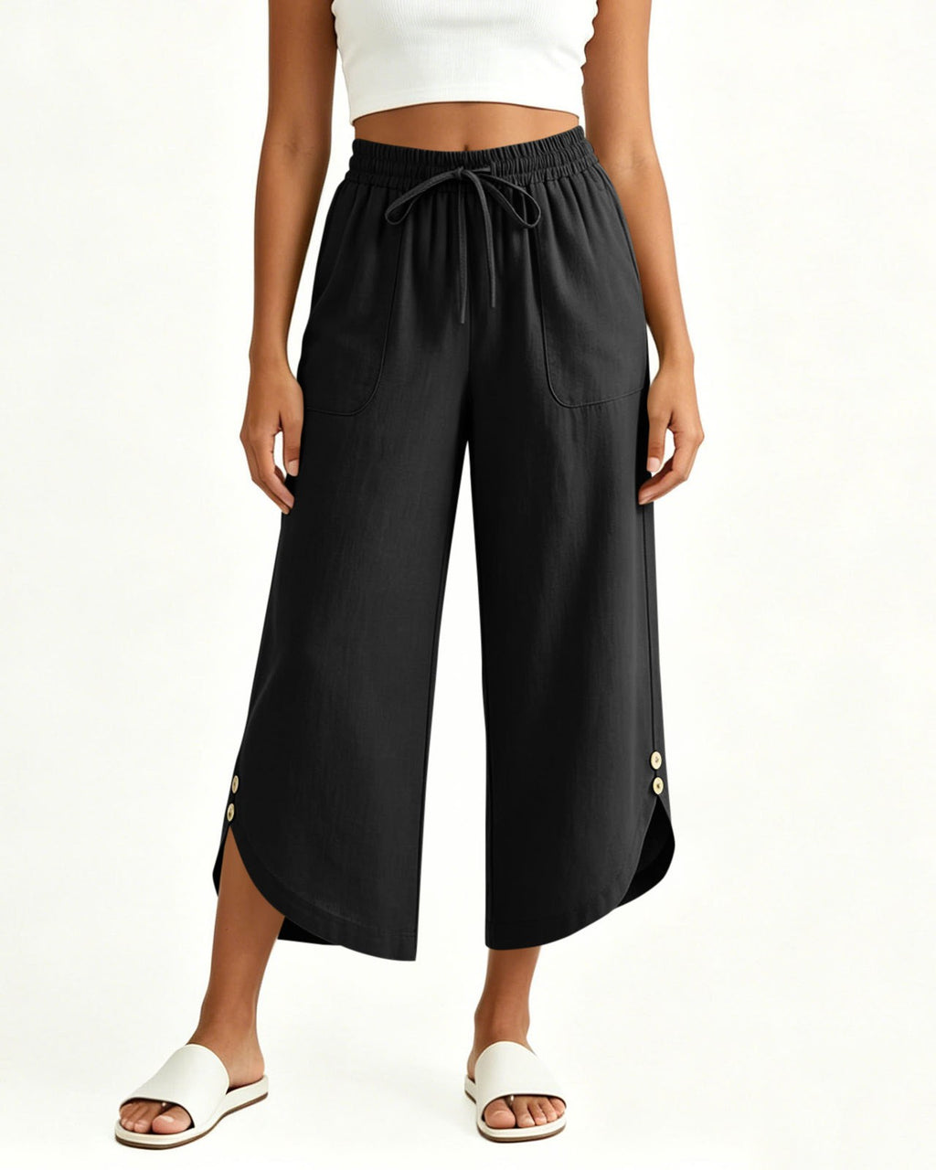 Drawstring Wide-Leg Cropped Culottes with Split Hem - Black