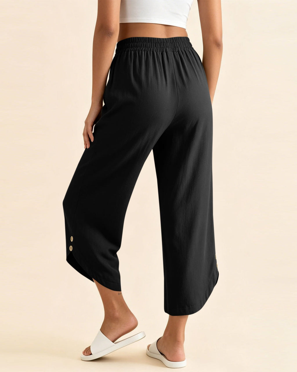 Drawstring Wide-Leg Cropped Culottes with Split Hem - Black - 2