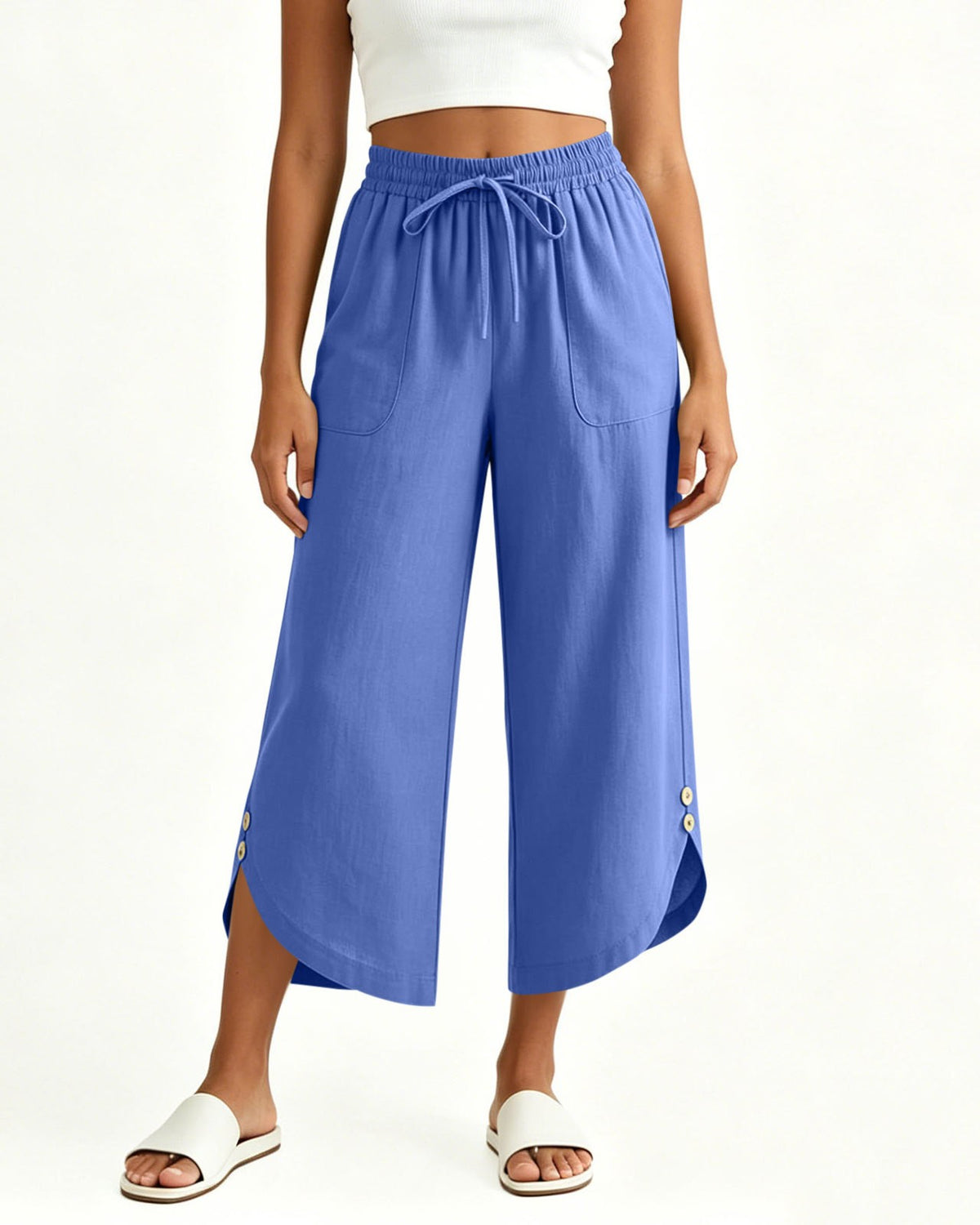 Drawstring Wide-Leg Cropped Culottes with Split Hem - Blue
