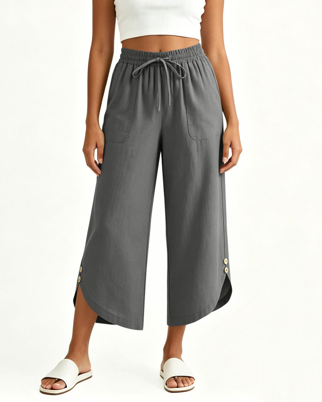 Drawstring Wide-Leg Cropped Culottes with Split Hem - Grey