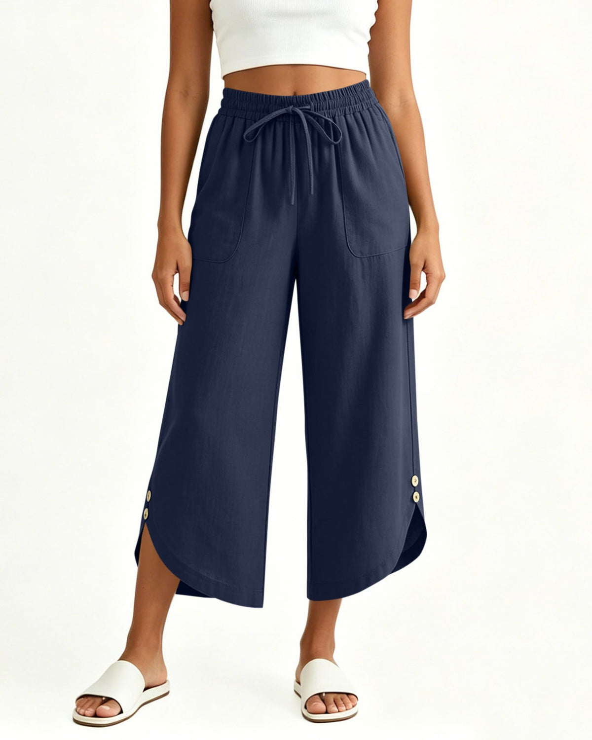 Drawstring Wide-Leg Cropped Culottes with Split Hem - Navy Blue