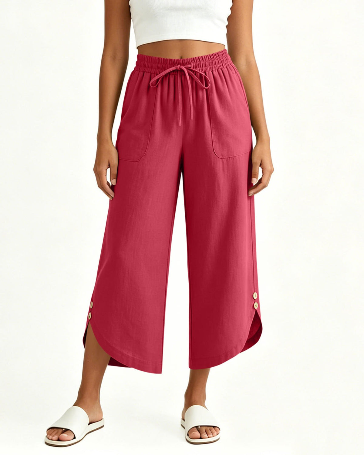 Drawstring Wide-Leg Cropped Culottes with Split Hem - Red