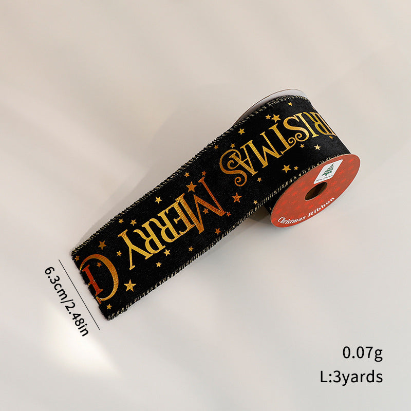 Christmas Craft Ribbon Roll with Foil Print Designs - Black