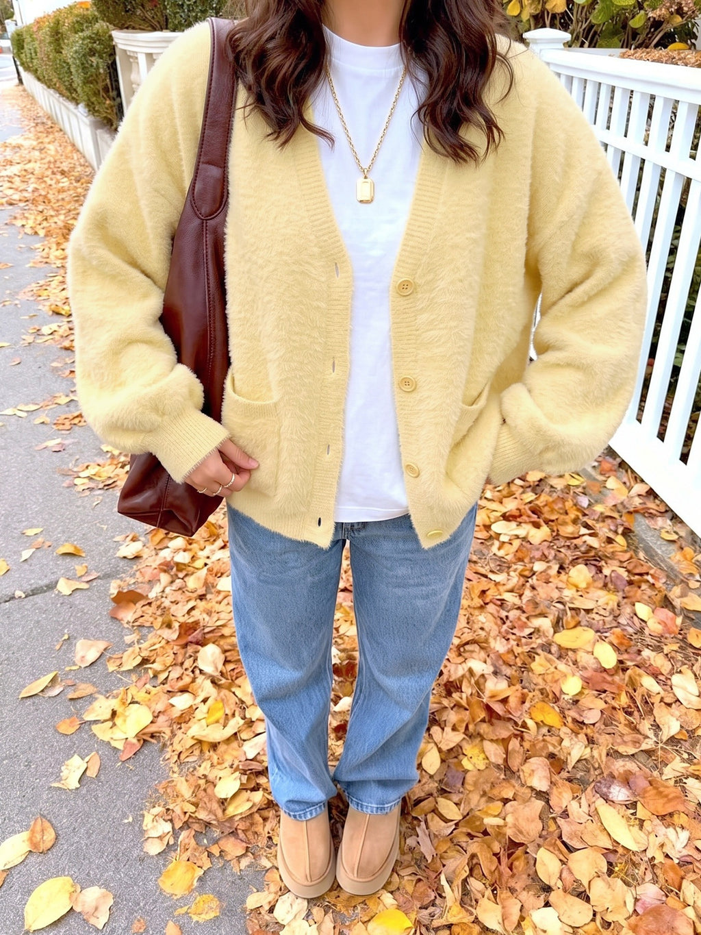 Yellow Fuzzy Knit Balloon Sleeve Pocket Cardigan - Yellow