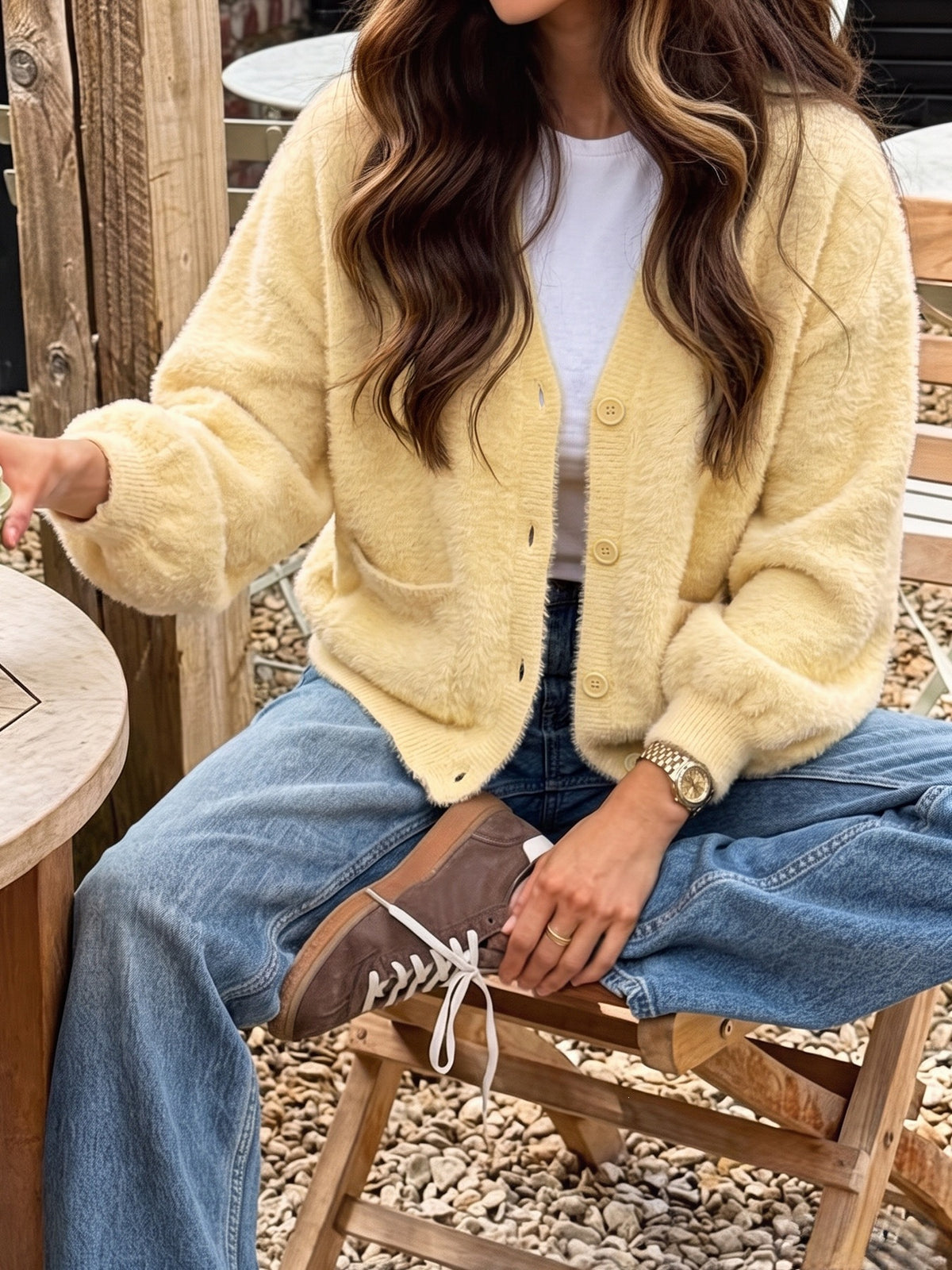 Yellow Fuzzy Knit Balloon Sleeve Pocket Cardigan - Yellow - 1
