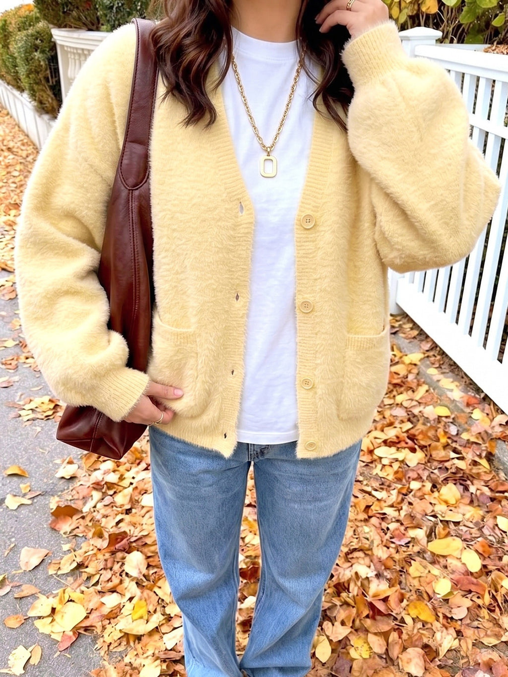 Yellow Fuzzy Knit Balloon Sleeve Pocket Cardigan - Yellow - 2