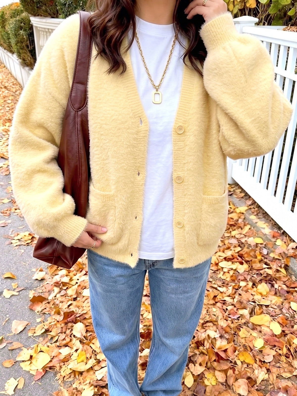 Yellow Fuzzy Knit Balloon Sleeve Pocket Cardigan - Yellow - 2