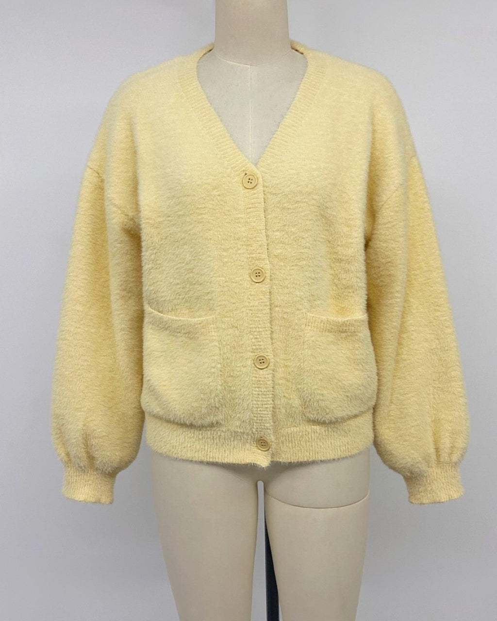 Yellow Fuzzy Knit Balloon Sleeve Pocket Cardigan - Yellow - 3