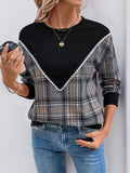 Plaid Colorblock Chevron Crewneck Sweatshirt - Black