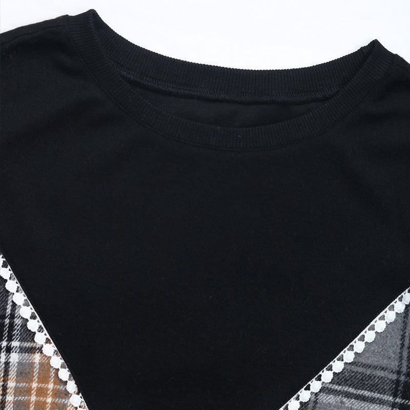 Plaid Colorblock Chevron Crewneck Sweatshirt - Black - 5
