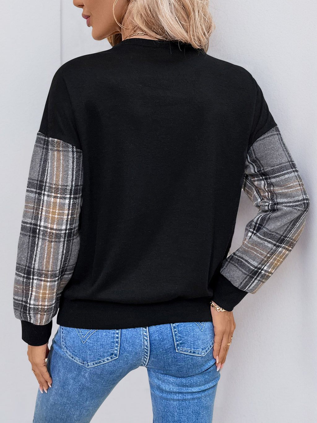 Plaid Colorblock Chevron Crewneck Sweatshirt - Black - 6