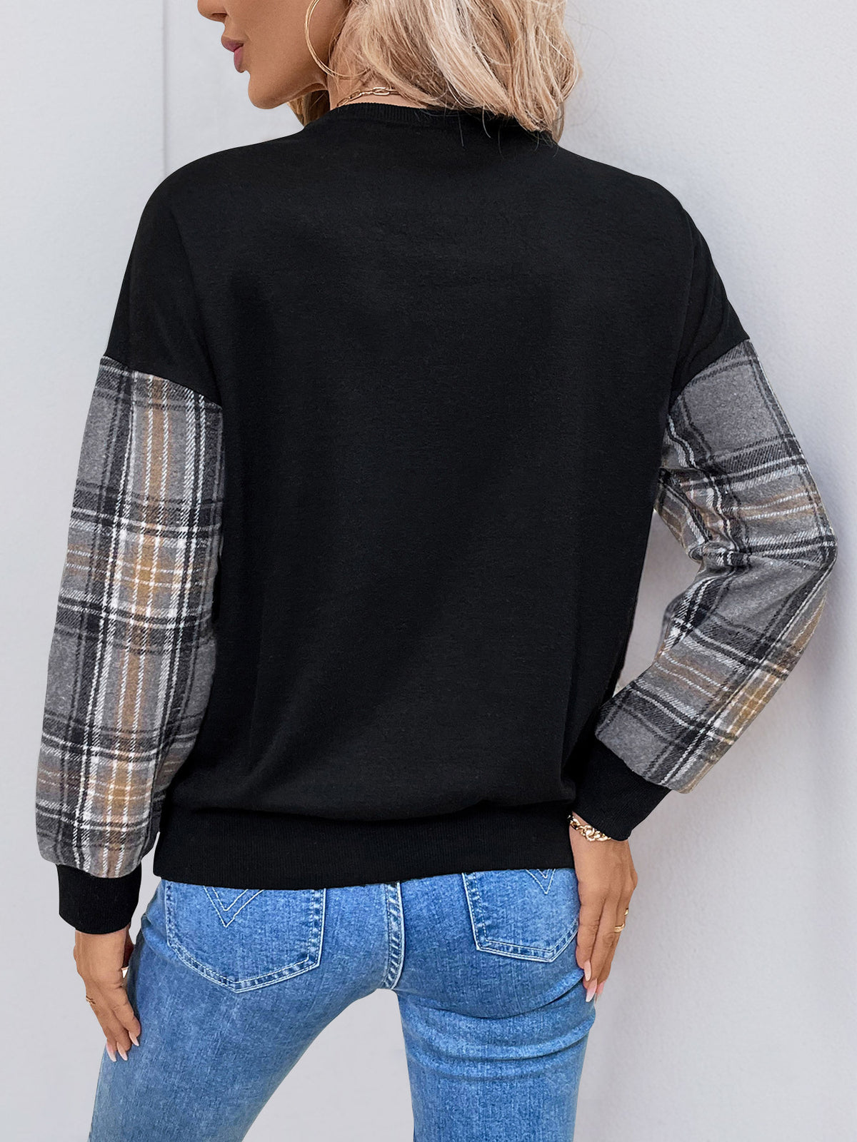Plaid Colorblock Chevron Crewneck Sweatshirt - Black - 6