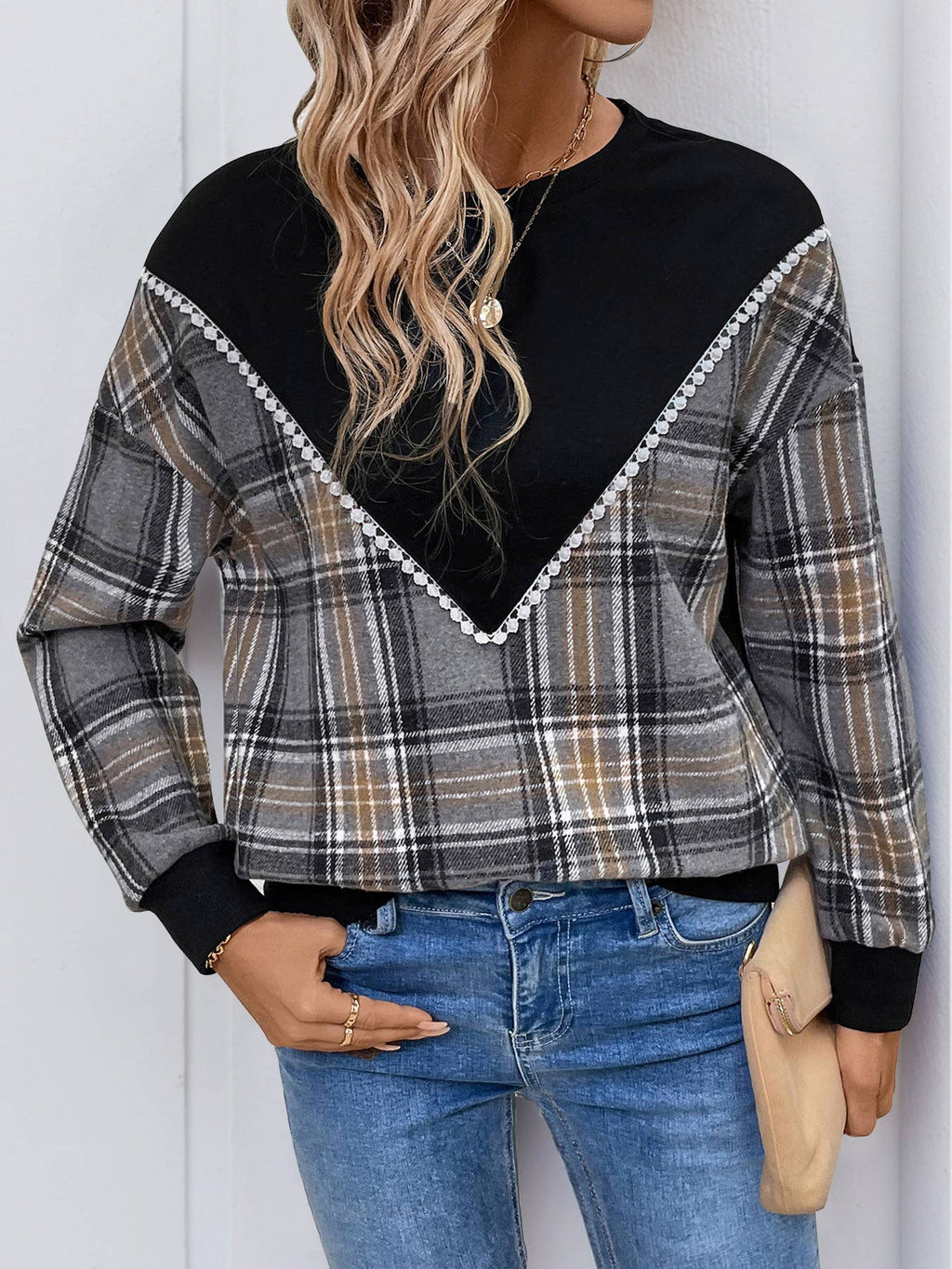 Plaid Colorblock Chevron Crewneck Sweatshirt