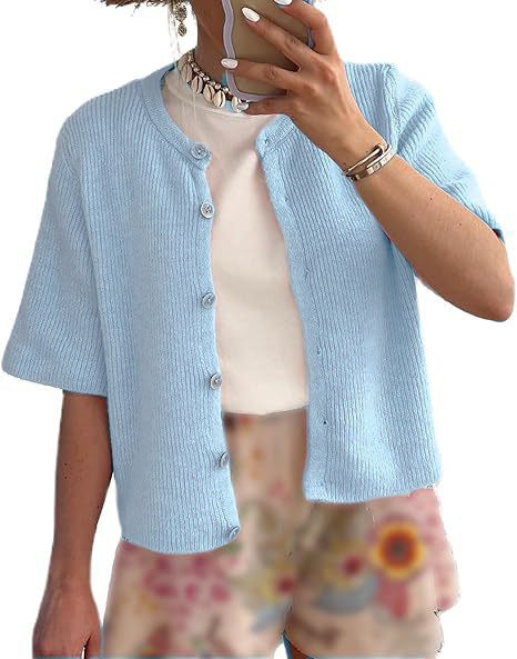 Short Sleeve Ribbed Button Front Cardigan - Blue