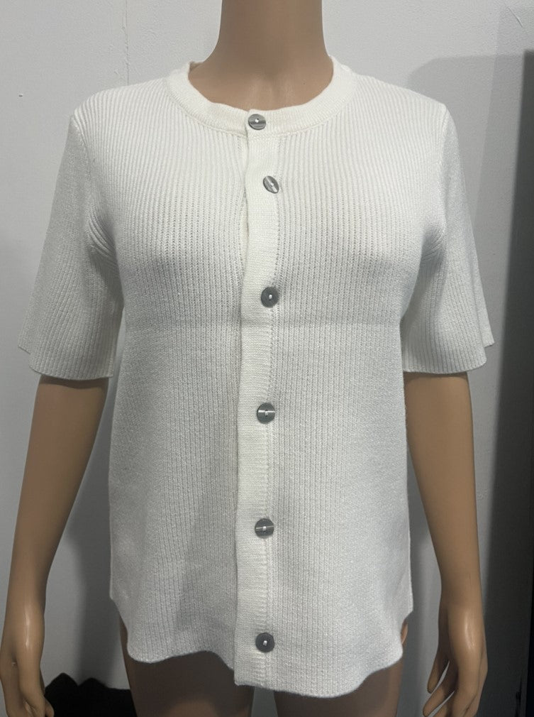 Short Sleeve Ribbed Button Front Cardigan - White