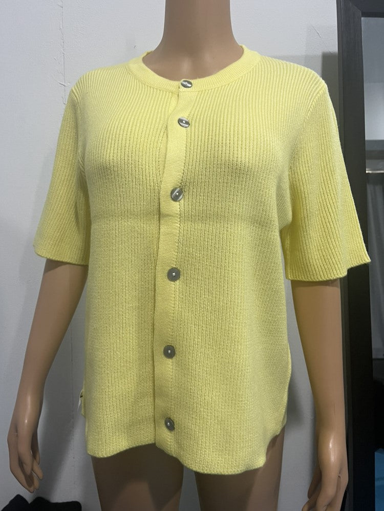 Short Sleeve Ribbed Button Front Cardigan - Yellow