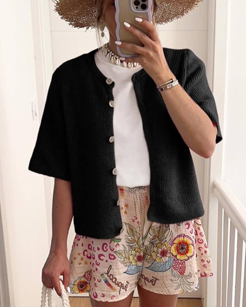 Short Sleeve Ribbed Button Front Cardigan