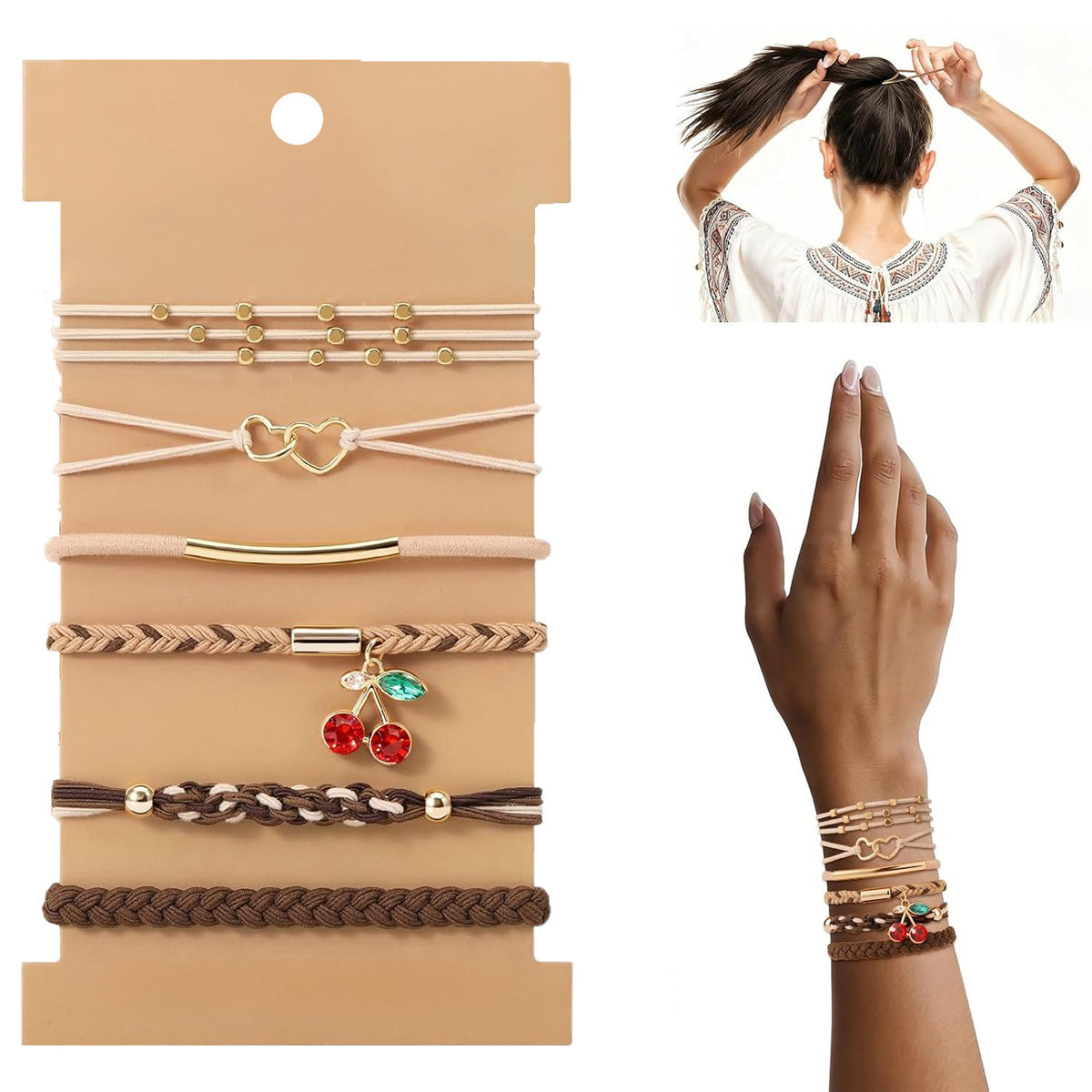 Braided Charm Hair Tie Bracelet Set - Cherry