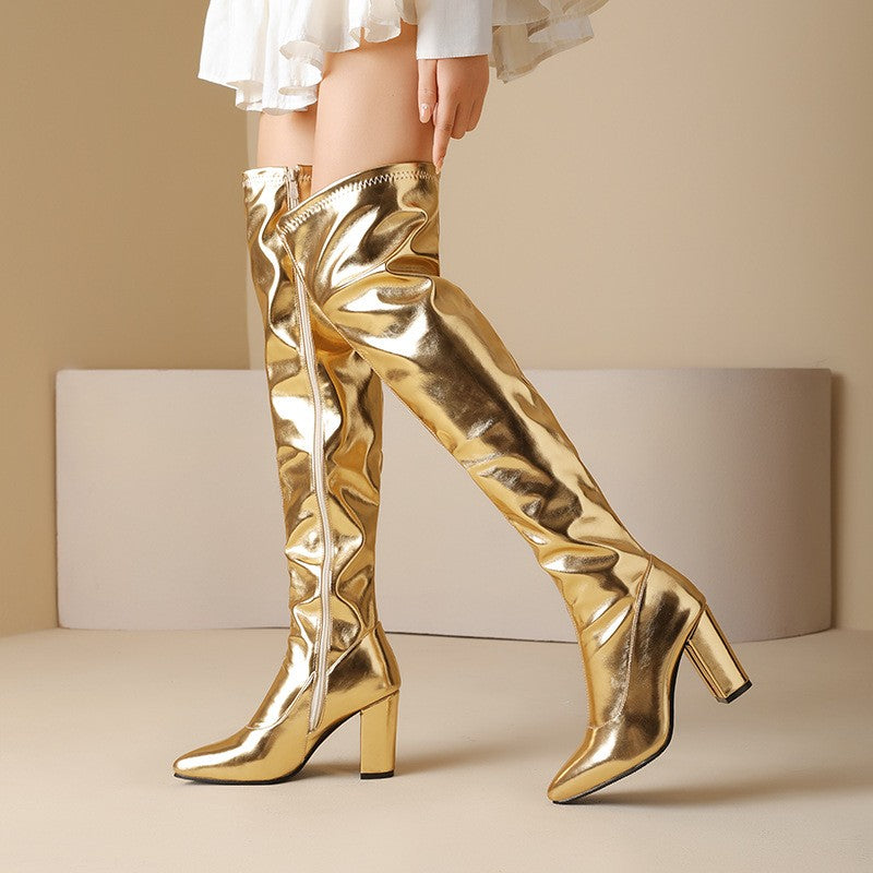 Metallic Over The Knee Block Heel Boots