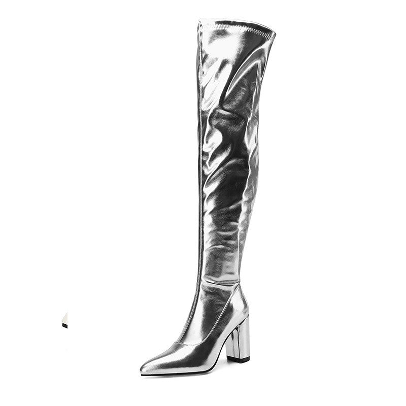 Metallic Over The Knee Block Heel Boots