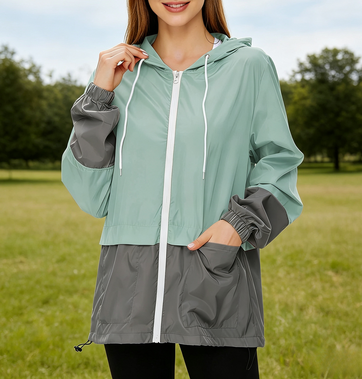 Colour-Block Hooded Packable Windbreaker Rain Jacket - Blue - 4