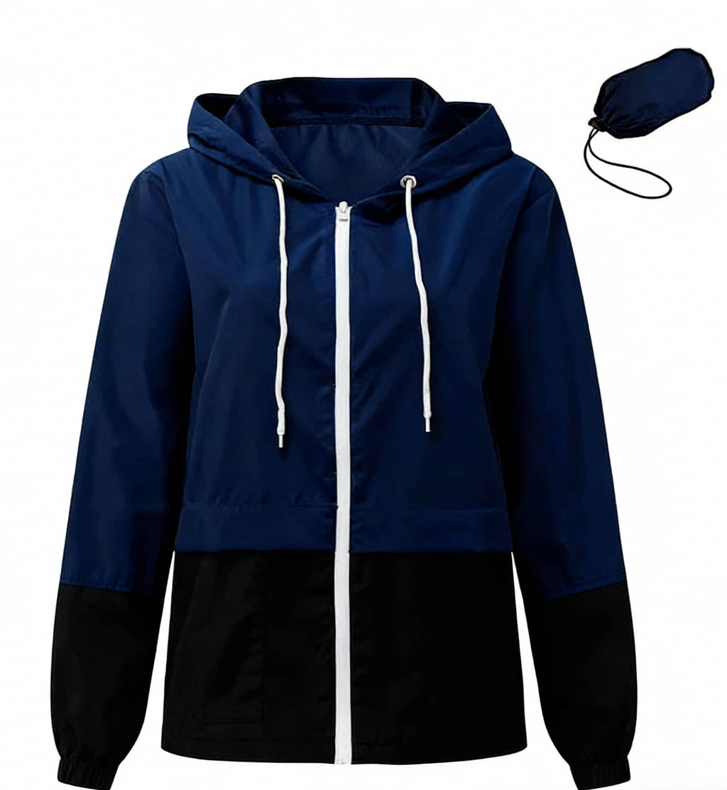 Colour-Block Hooded Packable Windbreaker Rain Jacket - Navyblue