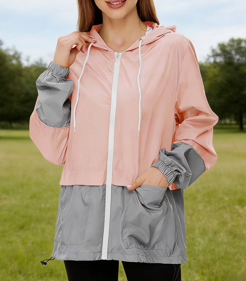 Colour-Block Hooded Packable Windbreaker Rain Jacket - Pink - 2