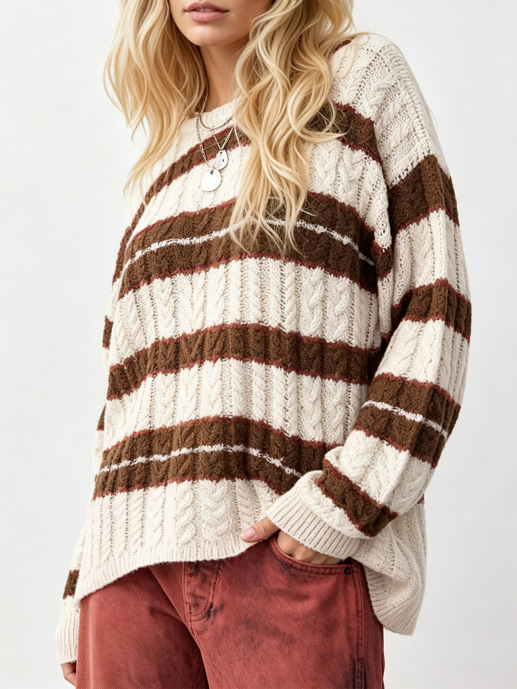 Oversized Striped Cable Knit Sweater With Crew Neck - Apricot