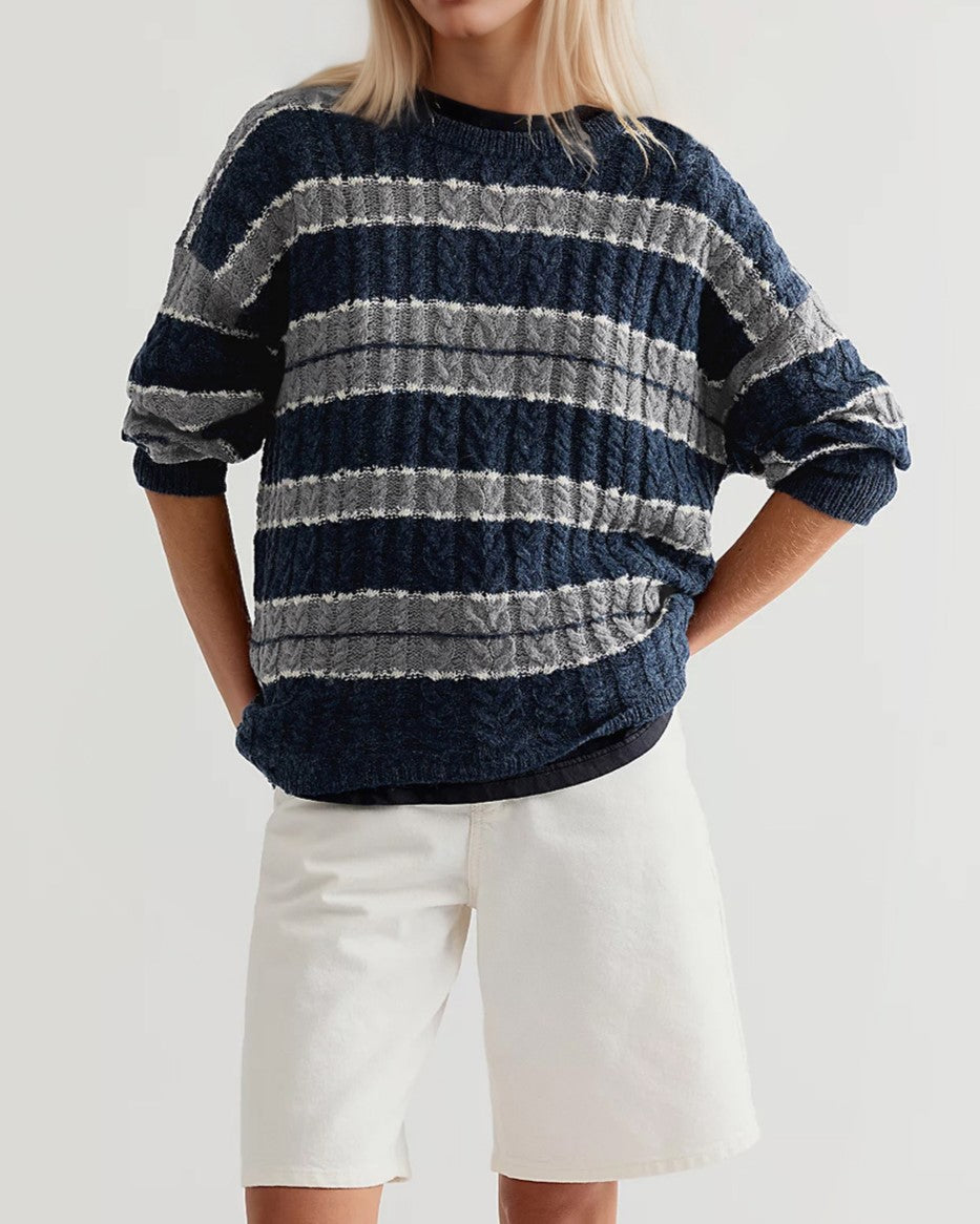Oversized Striped Cable Knit Sweater With Crew Neck - DarkBlue