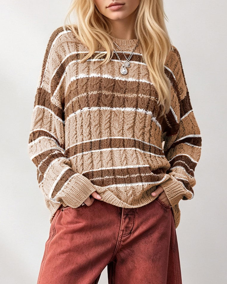 Oversized Striped Cable Knit Sweater With Crew Neck - Khaki