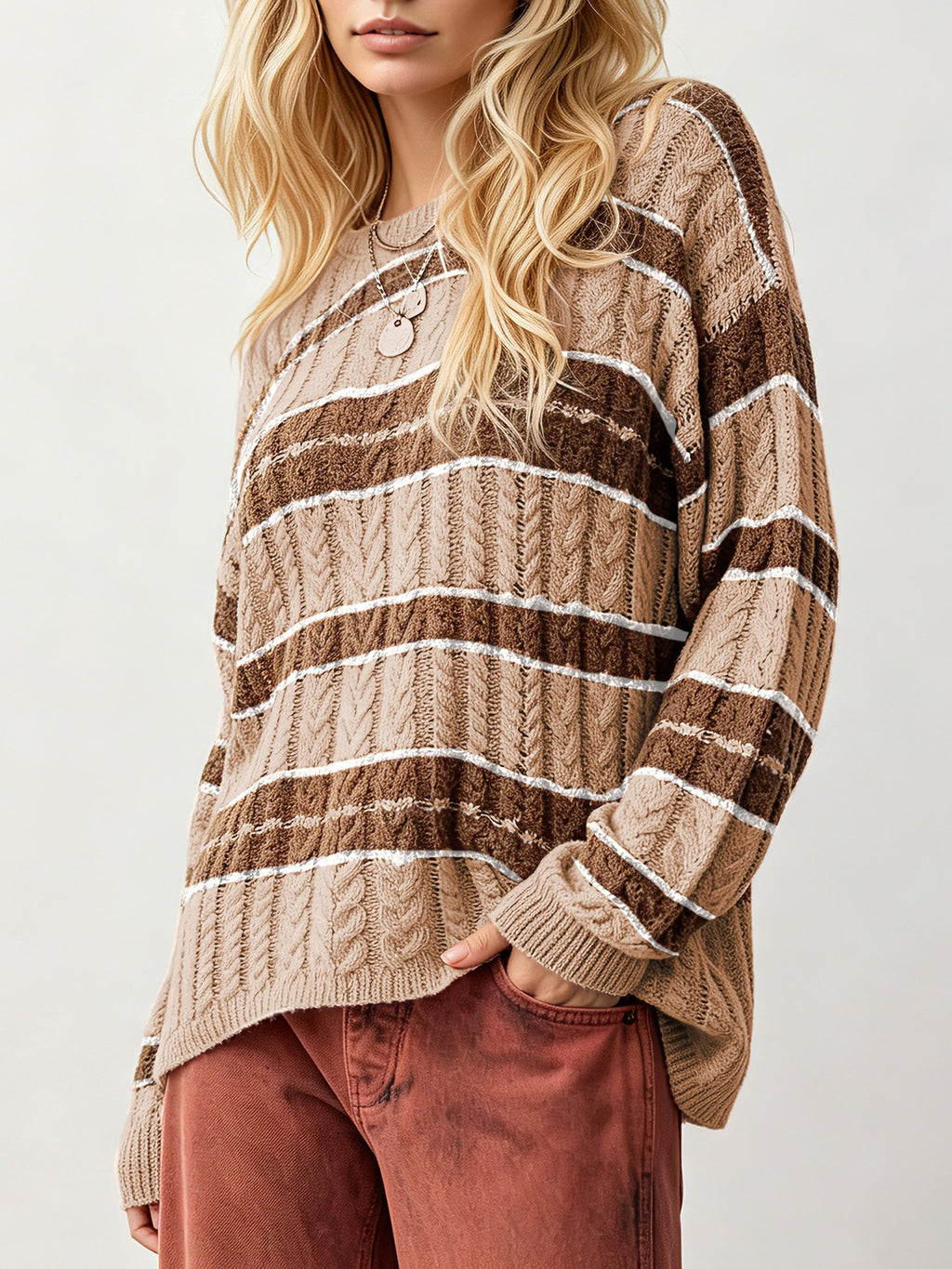 Oversized Striped Cable Knit Sweater With Crew Neck - Khaki - 1